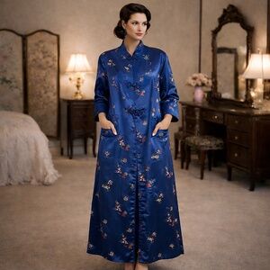 Peony Brand Blue Satin Floral Shanghai Robe Vintage Loungewear Large